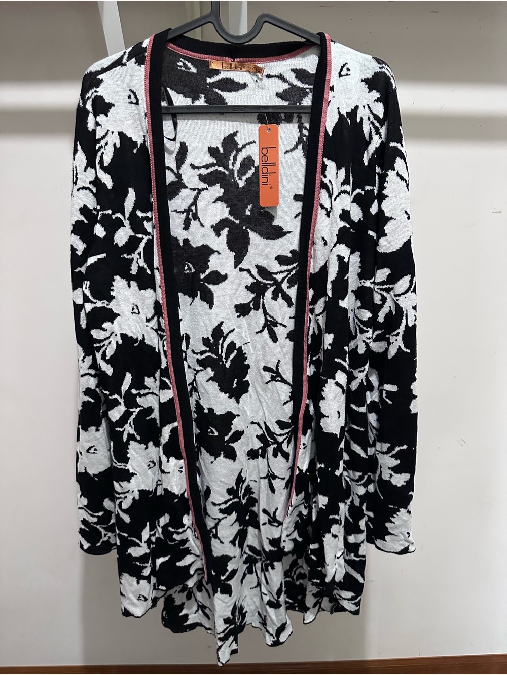 Belldini Black and White Floral Open Cardigan with Pink Trim
